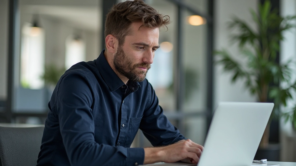 Gefocuste man aan bureau met geconcentreerde gezichtsuitdrukking tijdens diepwerk