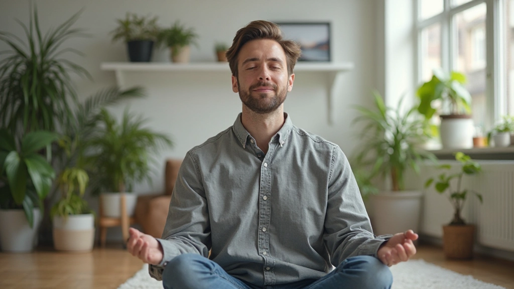 Professional foto van een man die mediteert in een rustig kantoor met zachte verlichting en planten om zich heen