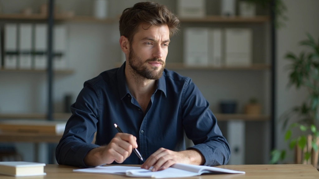 Man zittend aan bureau met notitieboek en pen, analyserende werkstijl en taken
