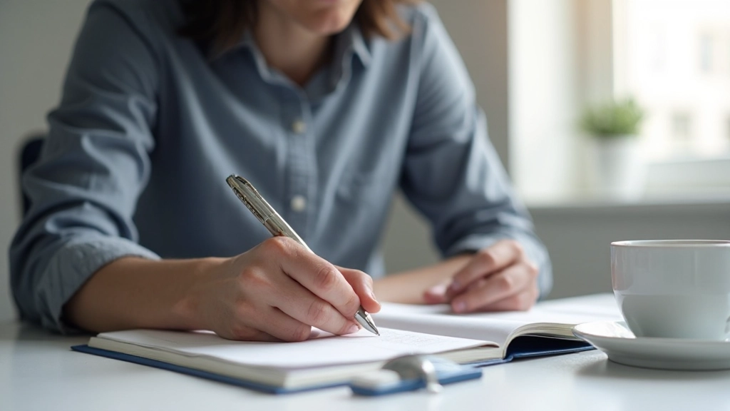 Persoon die notities maakt in een fysieke planner met pen en koffiekopje op bureau